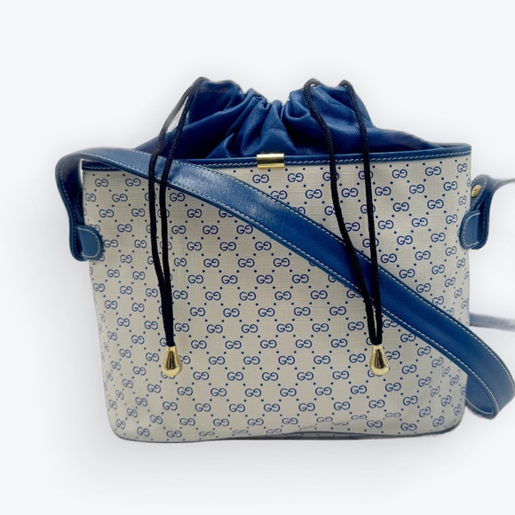 Auth Old Gucci Vintage Blue White Mini Supreme PVC Small Bucket Bag Cinch - Picture 5 of 16
